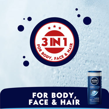 NIVEA Men Body Wash, Cool Kick with Refreshing Icy Menthol, Shower Gel for Body, Face & Hair, 250 ml